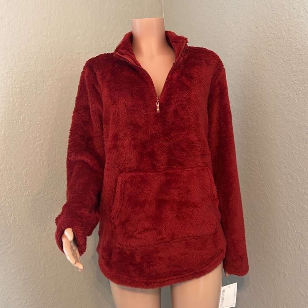 Real Essentials Ladies Minky 1/4 Zip Jacket Curved Hem Winery size Large NWT#181